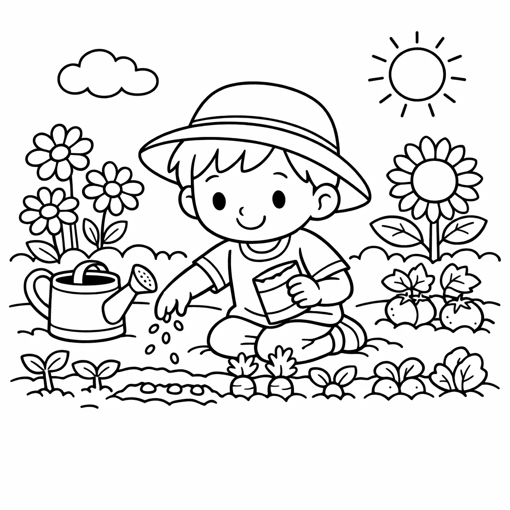 Посадка семян в саду – раскраска «Весенние занятия»