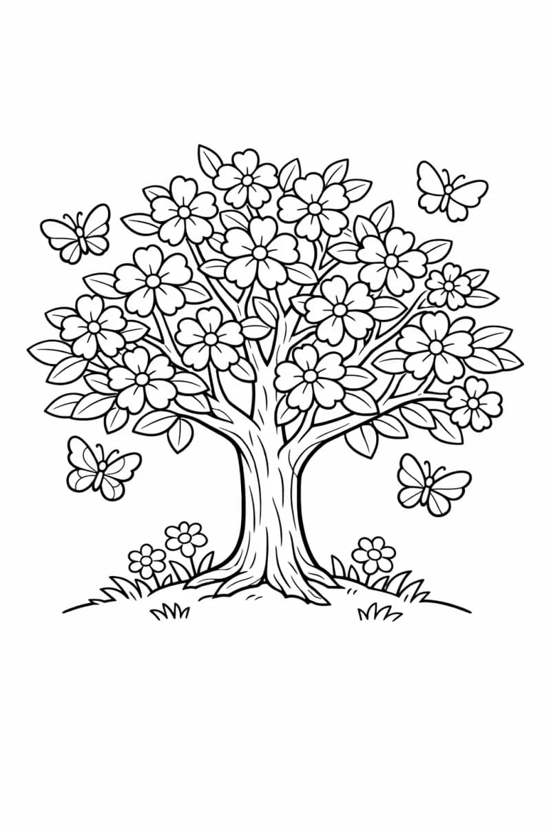Весеннее дерево с цветами и бабочками - раскраска