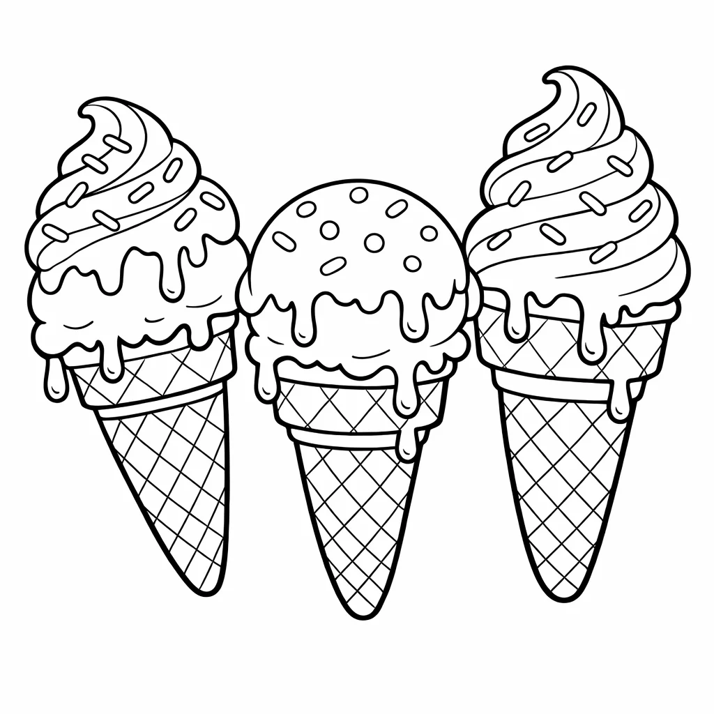 Three dripping ice cream cones with sprinkles – summer coloring page