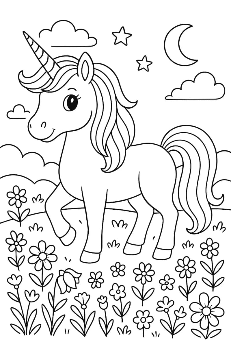 Еднорог в магическа поляна с цветя – страница за оцветяване