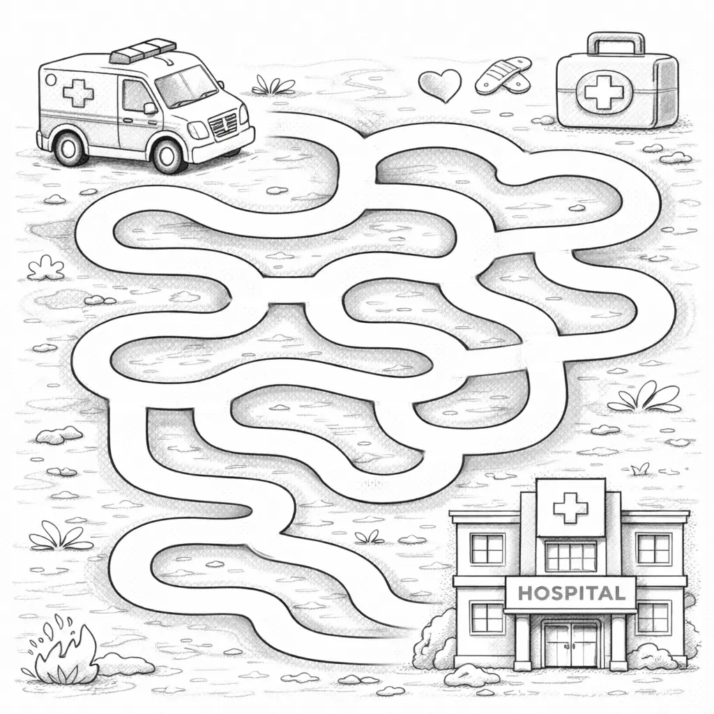 Лабиринт за оцветяване с линейка по пътя към болницата