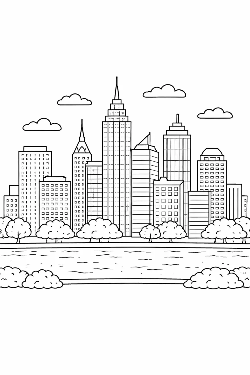 страница за оцветяване на силуета на града с небостъргачи и високи сгради за деца