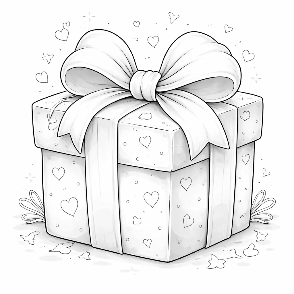 Черно-бяла детска картинка за оцветяване на подаръчна кутия с голяма декоративна панделка