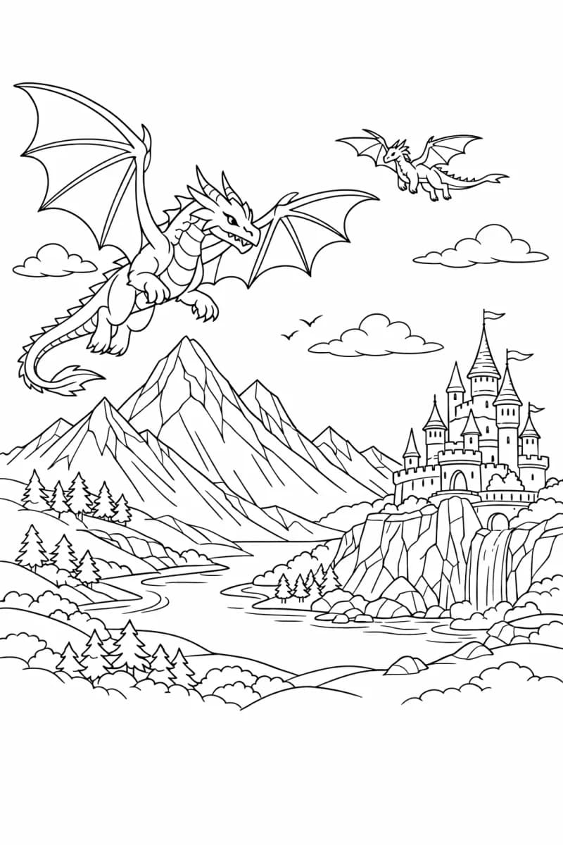 Фентъзи дракон лети над планина