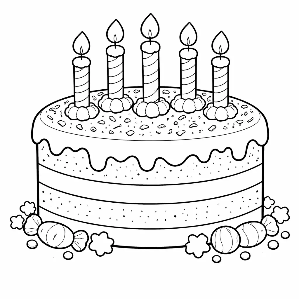 страница за оцветяване с торта за рожден ден със свещички за разпечатване за деца