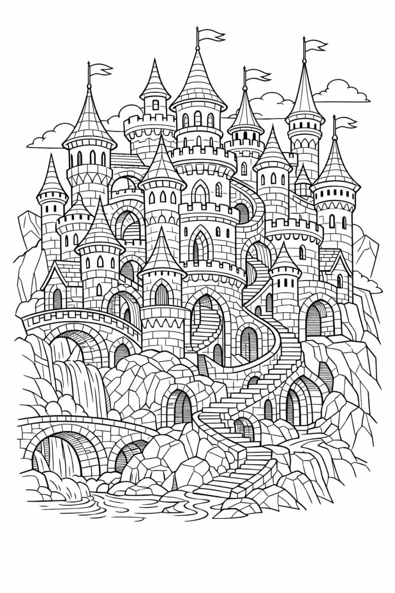 Фентъзи замък с кули и лабиринтни пътеки