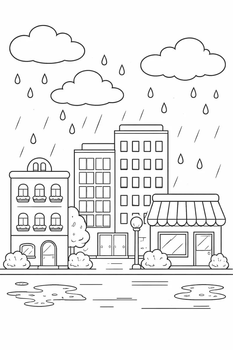 rainy city coloring page with clouds raindrops and buildings for kids