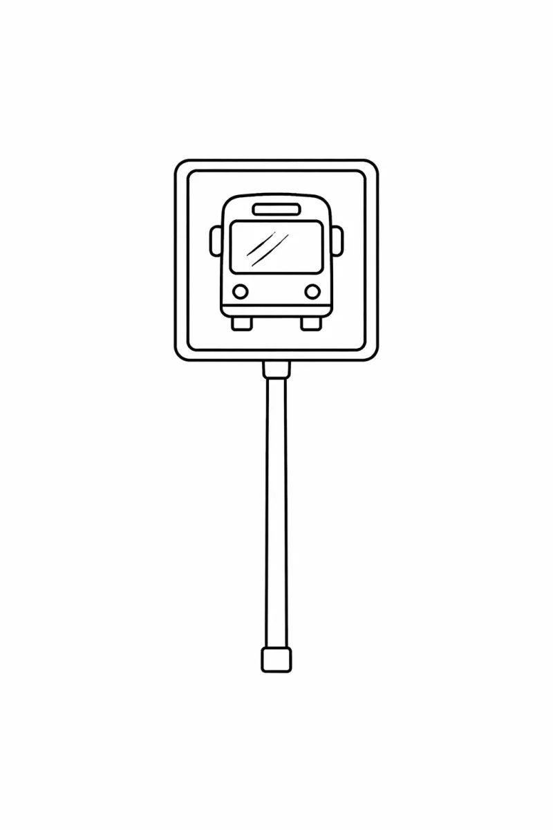 Черно-бяла страница за оцветяване на пътна безопасност със знак за автобусна спирка