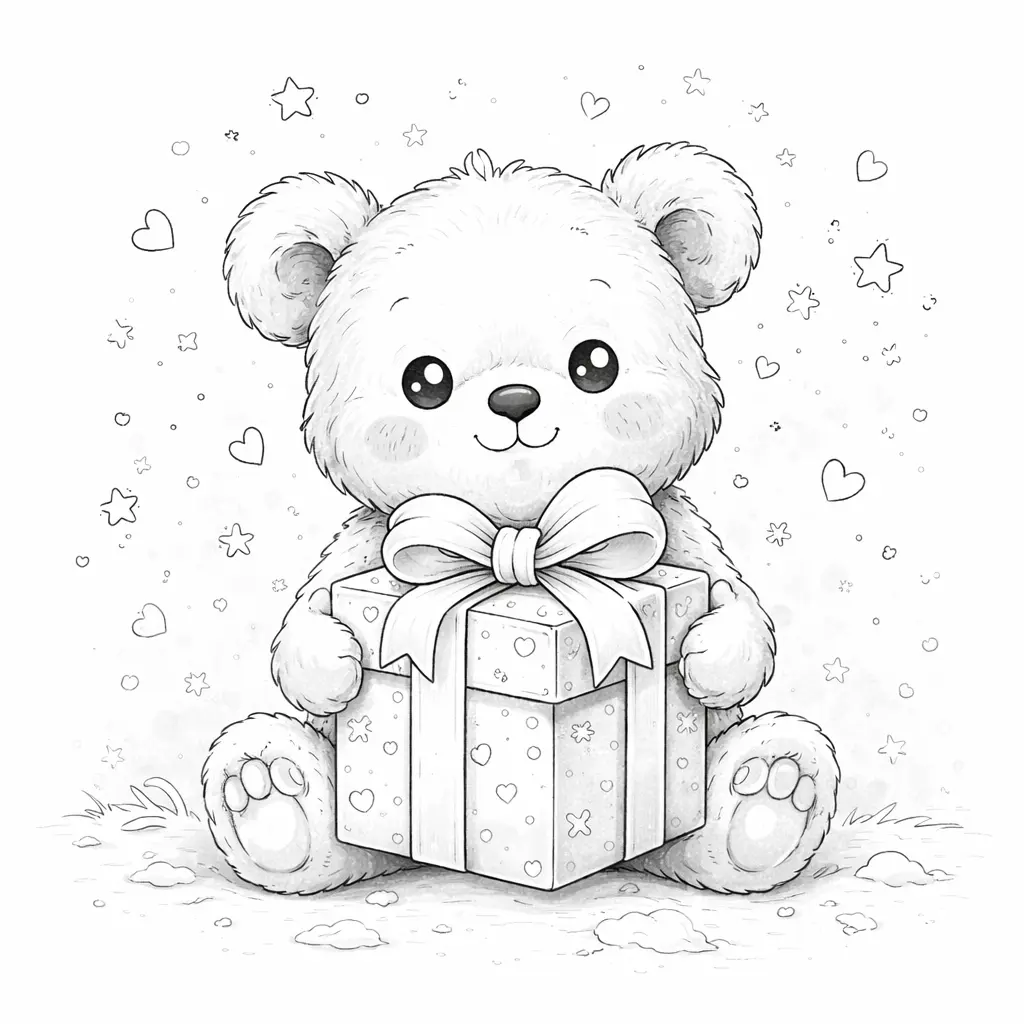 Coloriage pour enfants en noir et blanc représentant un ours mignon tenant un cadeau avec un gros ruban