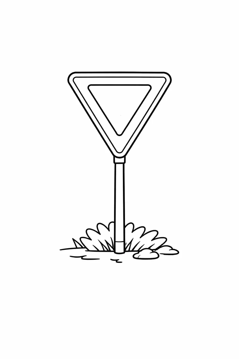 Black and white road safety coloring page with a Yield road sign